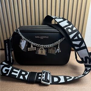 Karl Lagerfeld Black Crossbody Bag with Silver Chain and Signature Charms